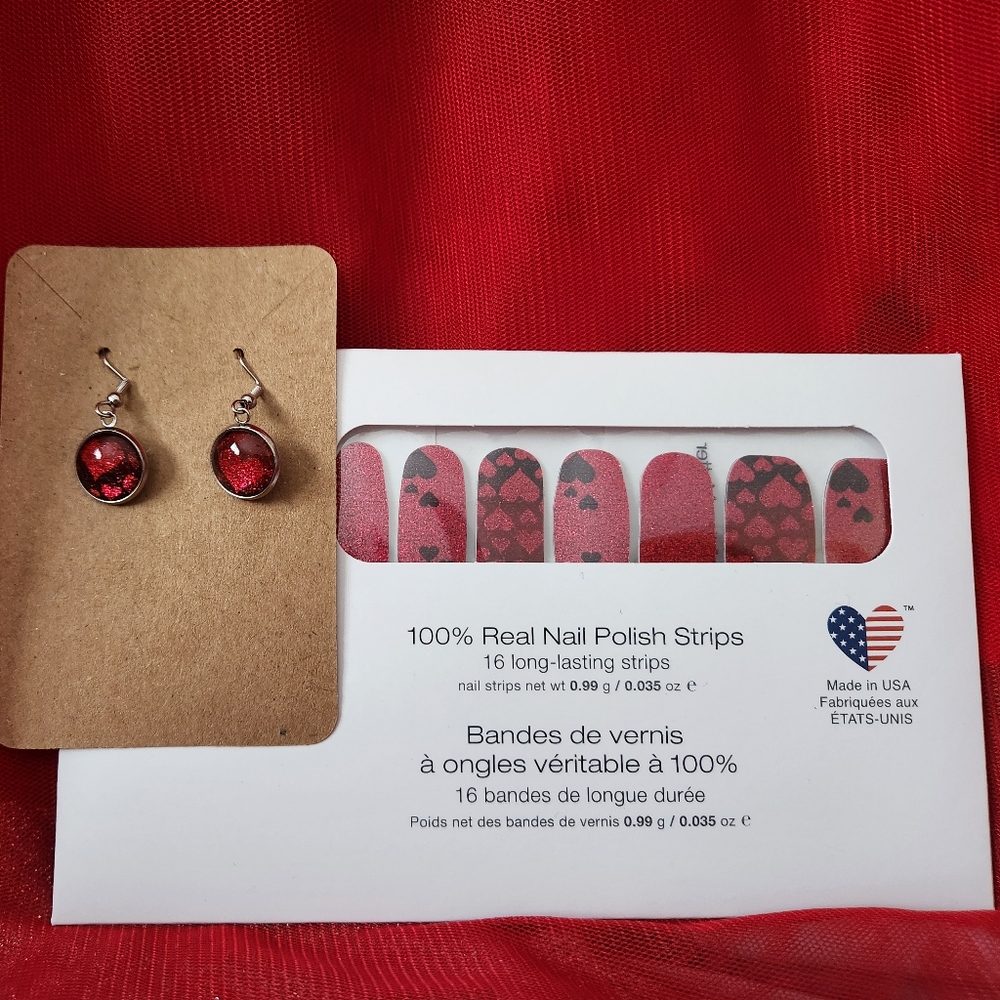 Red Heart Nail Polish Strips and Earrings Set